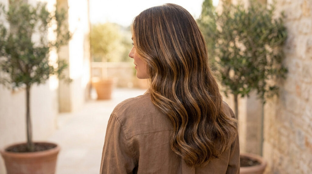 Vue de dos d'une femme aux cheveux longs bruns avec des reflets miel et caramel.