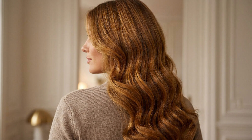 Femme de profil avec de longs cheveux ondulés d'une couleur marron miel doré éclatante.