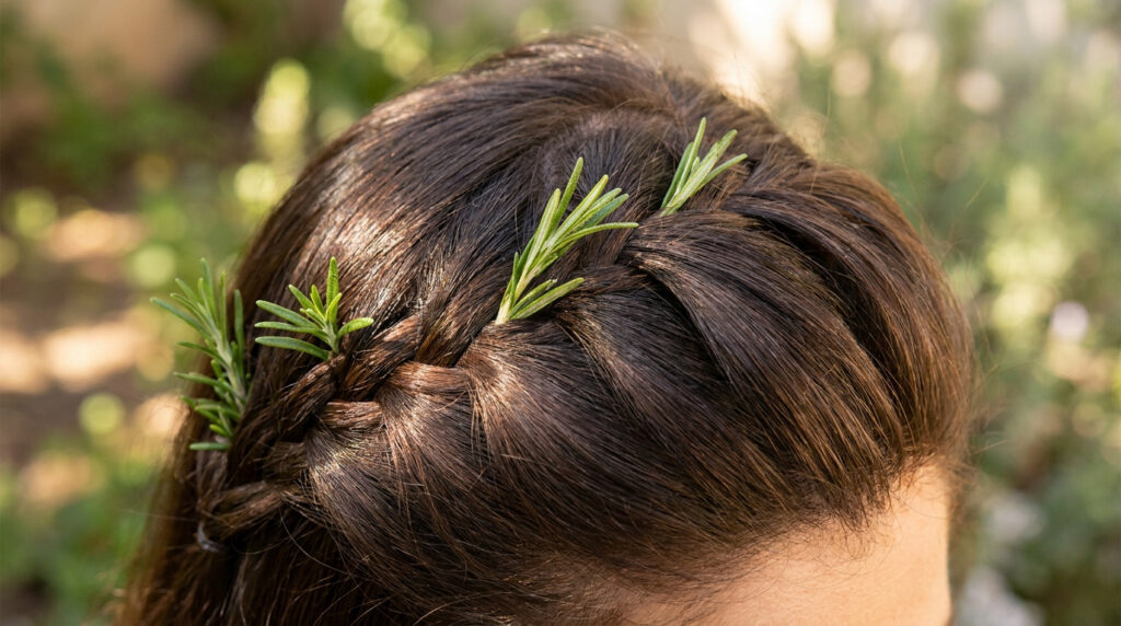 Des brins de romarin frais sont délicatement tressés dans les cheveux châtains d'une femme en extérieur.