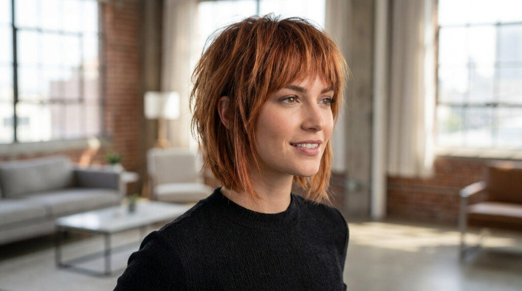 Femme avec une coupe pixie longue rousse dégradée et une frange effilée, posant dans un loft lumineux.