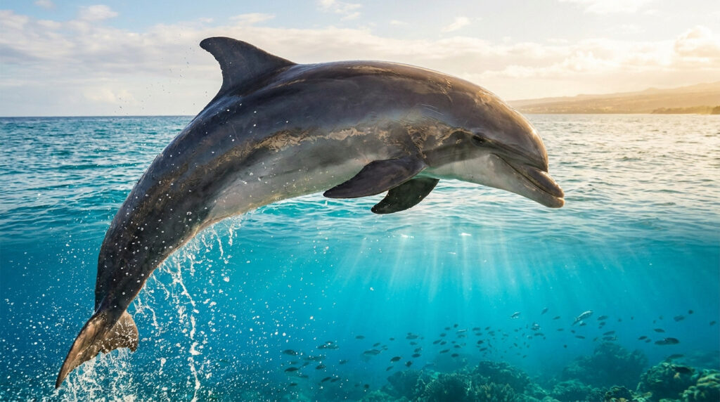 Un magnifique dauphin bondit hors de l'eau cristalline sous un ciel ensoleillé.