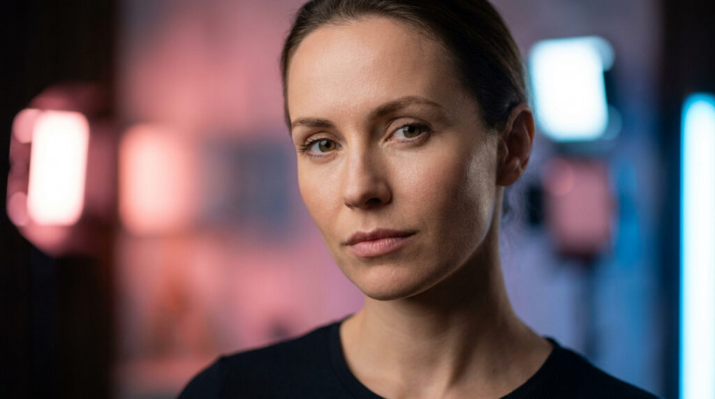 Portrait d'une femme au visage naturel éclairé par des lumières néon rose et bleu.