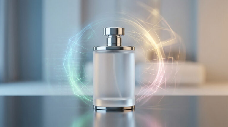 Flacon de parfum minimaliste entouré d'effets visuels digitaux et holographiques sur fond flou.