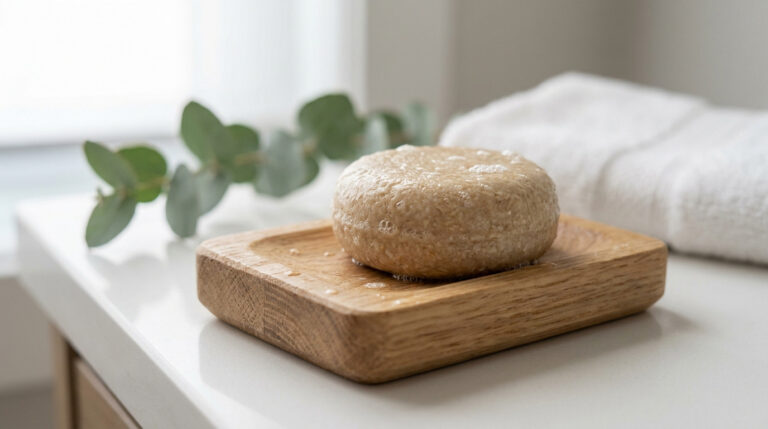 Shampoing solide posé sur un porte-savon en bois avec une branche d'eucalyptus et une serviette en arrière-plan.