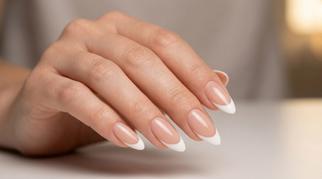 Main féminine avec une manucure french classique sur des ongles longs en forme d'amande, sur fond beige doux.