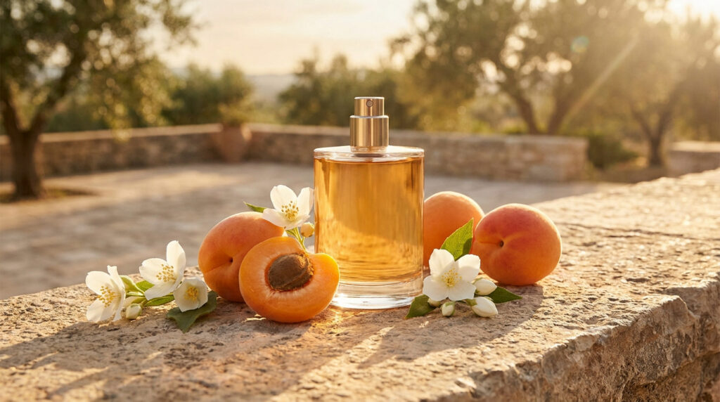 Flacon de parfum entouré d'abricots frais et de fleurs de jasmin sur un muret en pierre au soleil couchant.