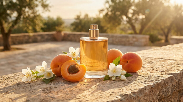 Flacon de parfum entouré d'abricots frais et de fleurs de jasmin sur un muret en pierre au soleil couchant.