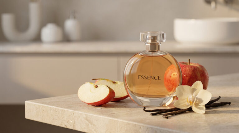 Flacon de parfum rond nommé Essence, entouré de tranches de pommes, d'une fleur d'orchidée et de gousses de vanille.