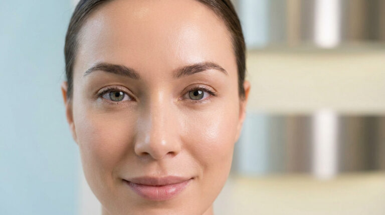 Portrait en gros plan d'une femme au teint lumineux et à la peau lisse, souriant face à l'objectif.
