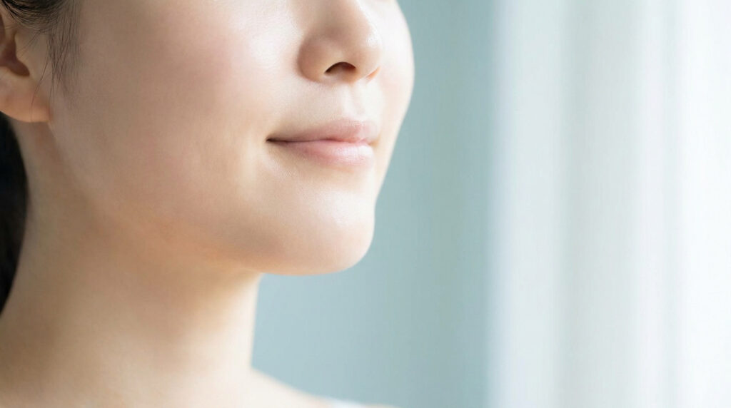 Gros plan sur le bas du visage d'une femme à la peau éclatante et hydratée.