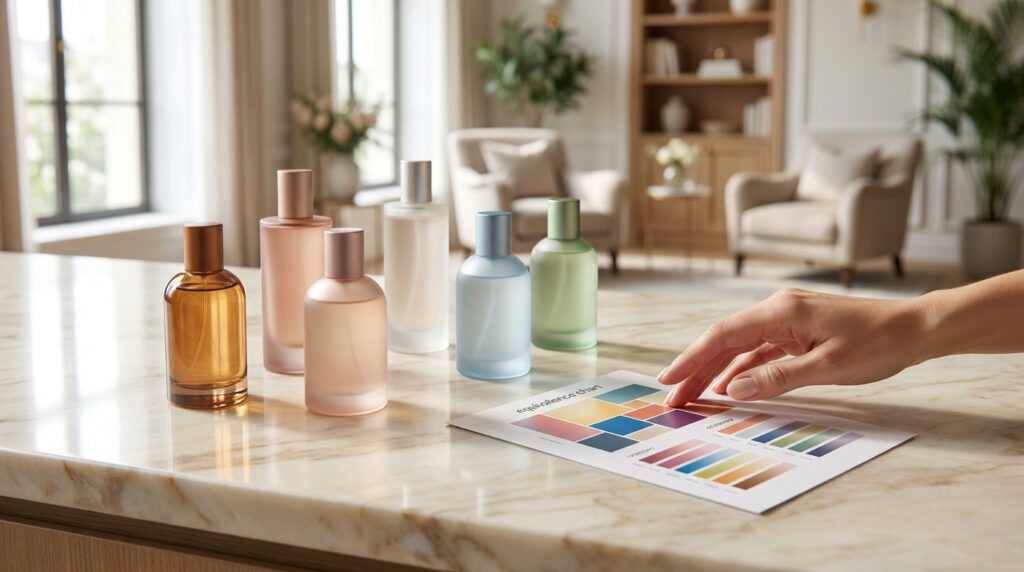 Une main parcourt un nuancier de parfums devant cinq flacons colorés posés sur un comptoir en marbre.