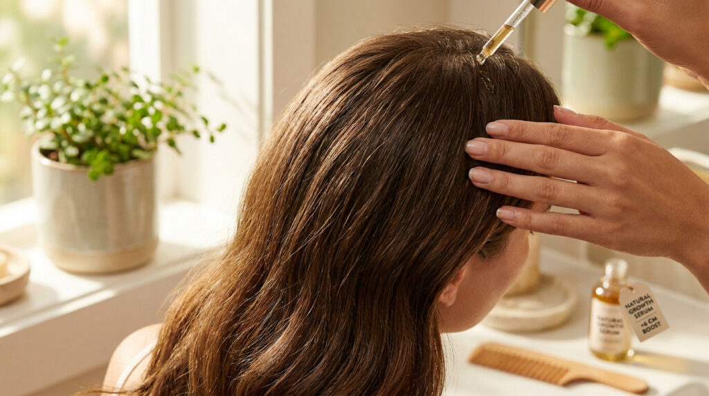 Application d'un sérum de croissance capillaire à l'aide d'une pipette sur le cuir chevelu d'une femme.