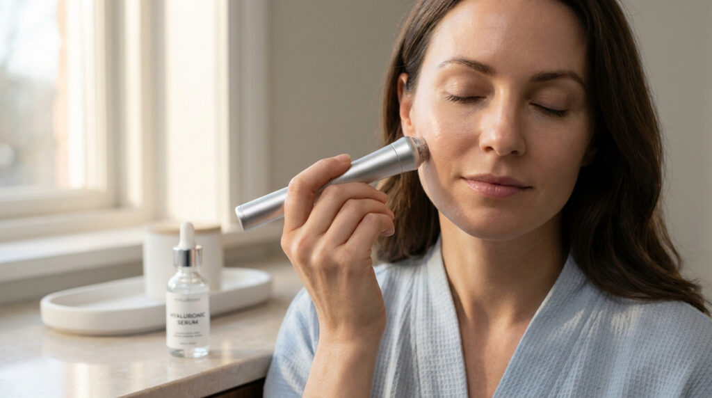 Une femme utilise un appareil de micro-needling sur sa joue, avec un sérum à l'acide hyaluronique posé à côté.