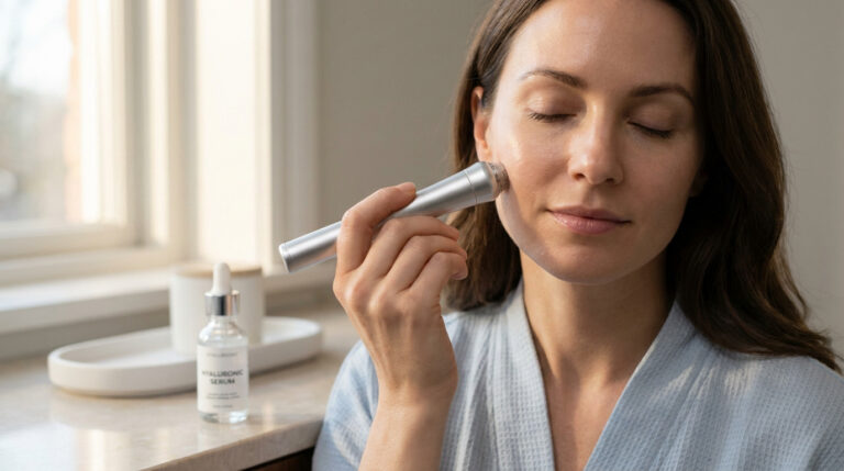 Une femme utilise un appareil de micro-needling sur sa joue, avec un sérum à l'acide hyaluronique posé à côté.