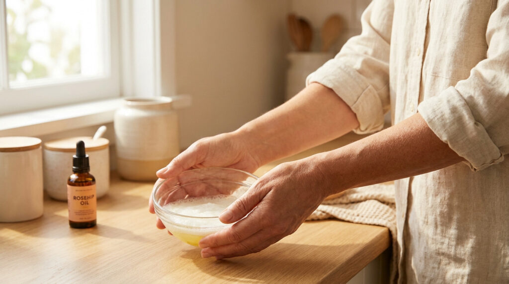 Une personne tenant un bol avec une préparation cosmétique maison à côté d'une huile à la rose musquée.