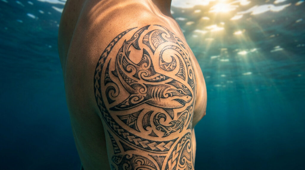 Gros plan sur un tatouage de requin de style tribal noir sur l'épaule d'un homme sous la surface de l'eau.