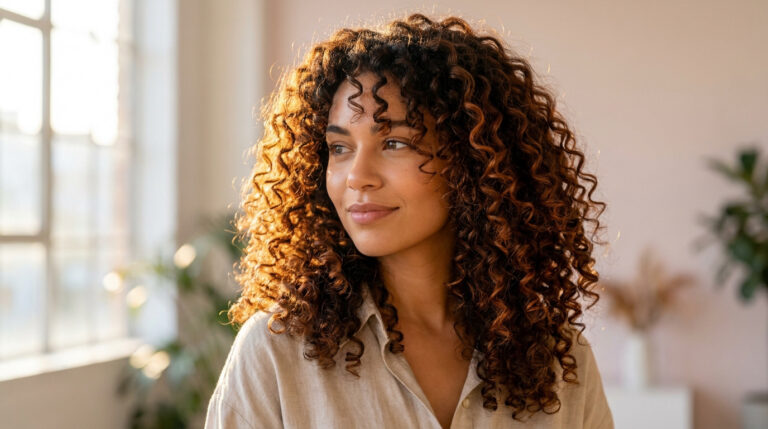 Une jeune femme aux cheveux longs, bruns et très bouclés, souriant devant une fenêtre lumineuse.