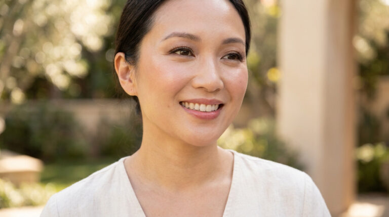 Portrait d'une femme souriante avec un maquillage de mariage naturel et un teint lumineux en extérieur.