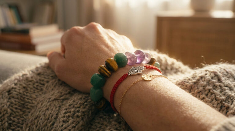 Gros plan d'un poignet portant des bracelets en pierres semi-précieuses, une main de Fatma et une chaîne fine.