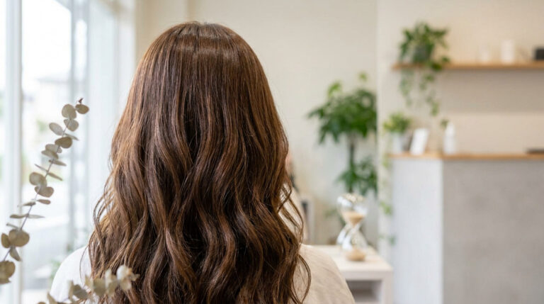 Vue de dos d'une femme aux cheveux longs bruns ondulés dans un salon de coiffure lumineux.