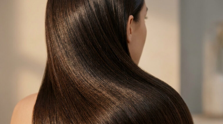 Vue de dos des cheveux bruns très brillants et lisses d'une femme après un soin capillaire Tokio.
