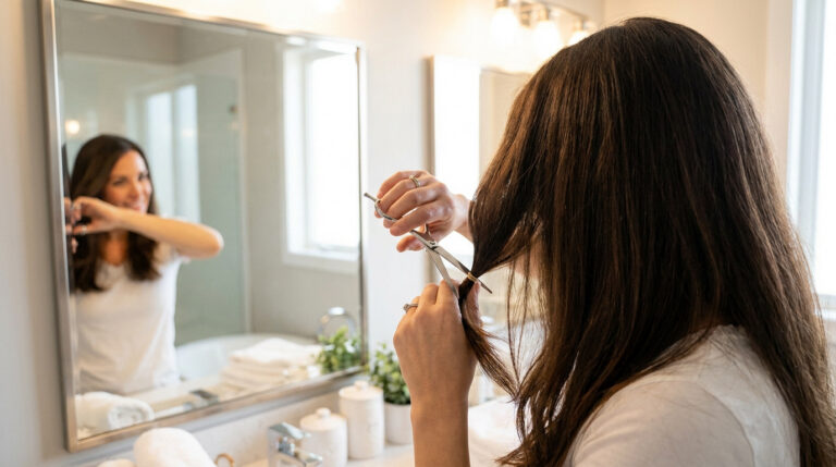 Une femme se coupe les cheveux elle-même devant un miroir de salle de bain avec des ciseaux.