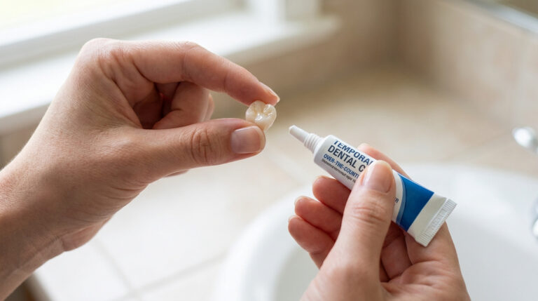 Gros plan sur des mains tenant une couronne dentaire et un tube de ciment dentaire temporaire dans une salle de bain.