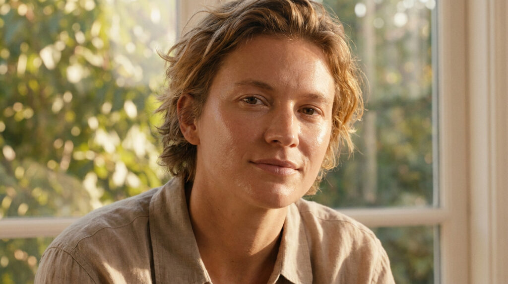 Portrait d'une personne au teint naturel et lumineux devant une fenêtre ensoleillée.