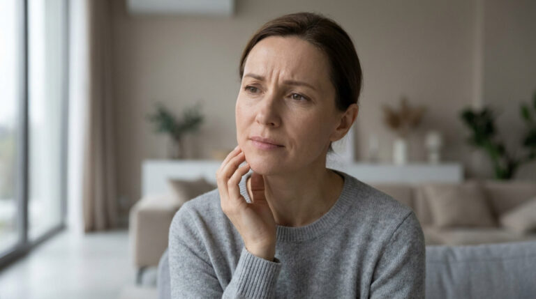 Femme inquiète touchant son visage, préoccupée par les résultats d'un soin esthétique.