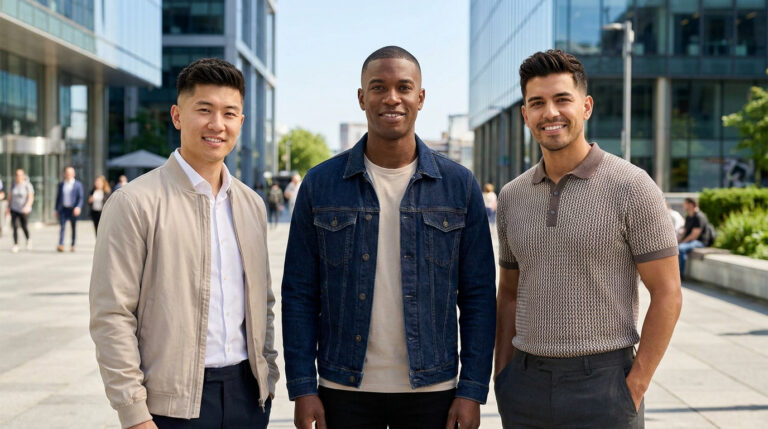 Trois hommes avec des coupes de cheveux courtes et modernes posent ensemble dans un centre d'affaires extérieur.