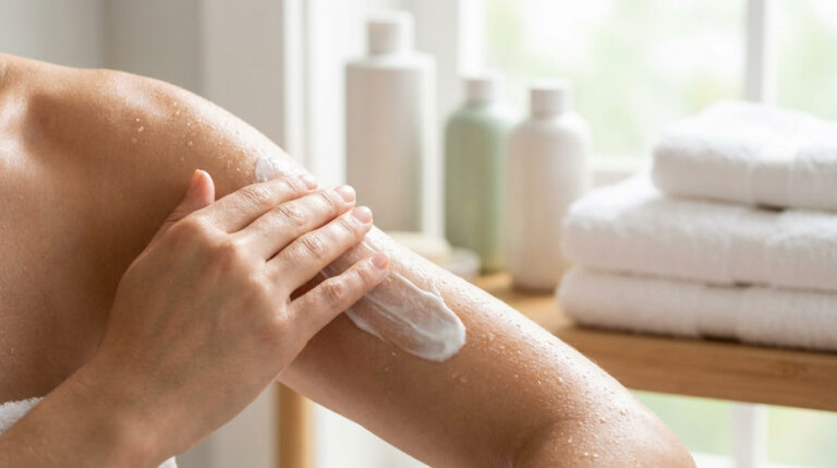 Une femme applique une crème hydratante sur son bras humide après la douche dans une atmosphère douce et lumineuse.