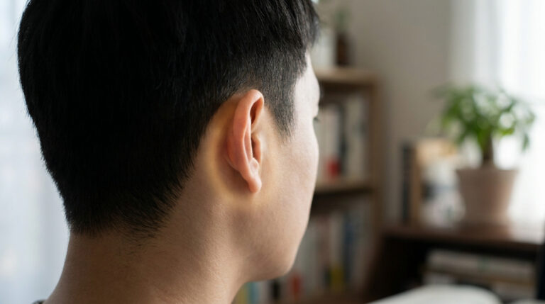 Gros plan sur l'oreille et la nuque d'une personne, vue de profil.