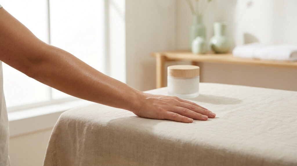 Bras posé sur une table de massage avec un pot de crème raffermissante dans un décor épuré.