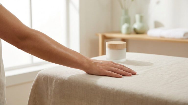 Bras posé sur une table de massage avec un pot de crème raffermissante dans un décor épuré.