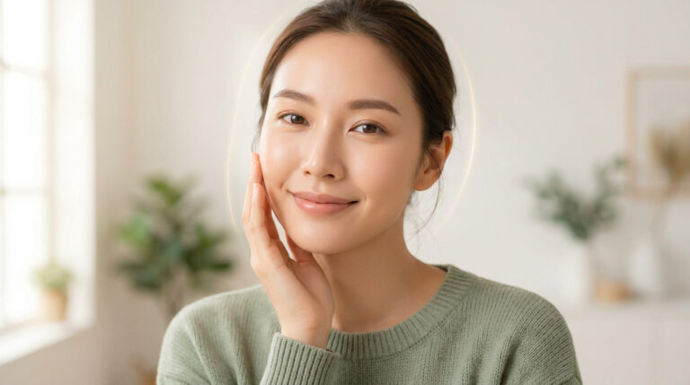 Jeune femme au teint éclatant touchant doucement sa joue avec une aura lumineuse autour de son visage.