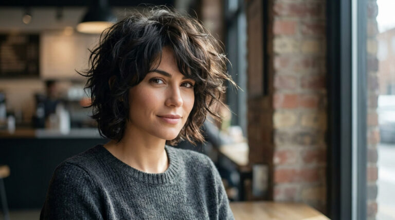 Femme aux cheveux bruns courts, épais et légèrement ondulés, souriant dans un café avec un mur en briques.
