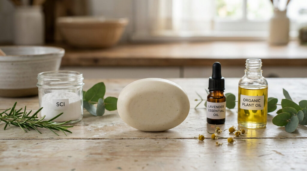 Shampoing solide entouré de SCI, huile essentielle de lavande, huile végétale, romarin et camomille sur une table en bois.