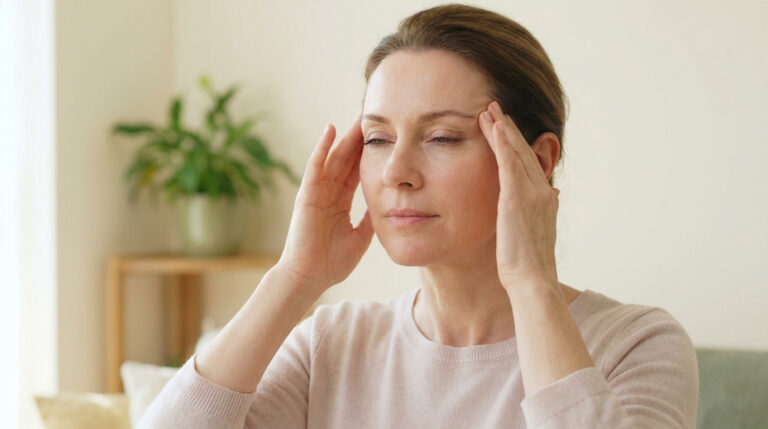 Une femme masse délicatement ses tempes pour une séance de yoga du visage apaisante.