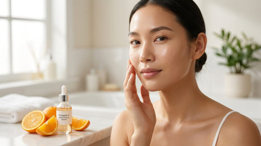 Jeune femme au teint éclatant touchant son visage près d'un flacon de sérum à la vitamine C et d'oranges fraîches.