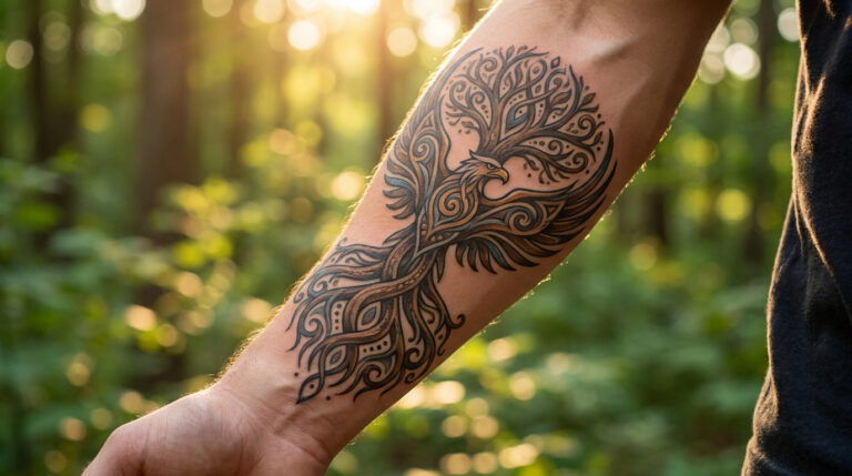 Tatouage détaillé d'un phénix aux motifs d'arbre sur l'avant-bras d'un homme en forêt.