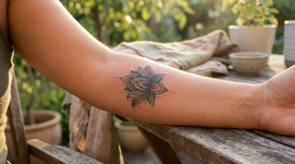 Avant-bras avec un tatouage coloré de fleur de lotus dans un jardin ensoleillé.