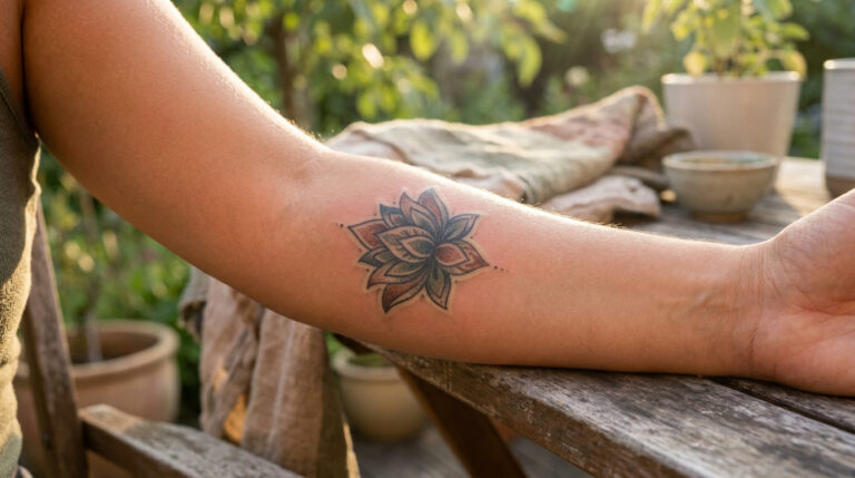 Avant-bras avec un tatouage coloré de fleur de lotus dans un jardin ensoleillé.