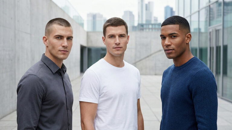 Trois hommes aux cheveux courts posant ensemble devant un bâtiment moderne en béton et verre.